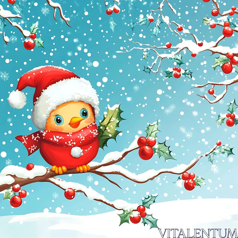 Festive Cartoon Bird with Santa Hat and Scarf in Winter Scene AI Image