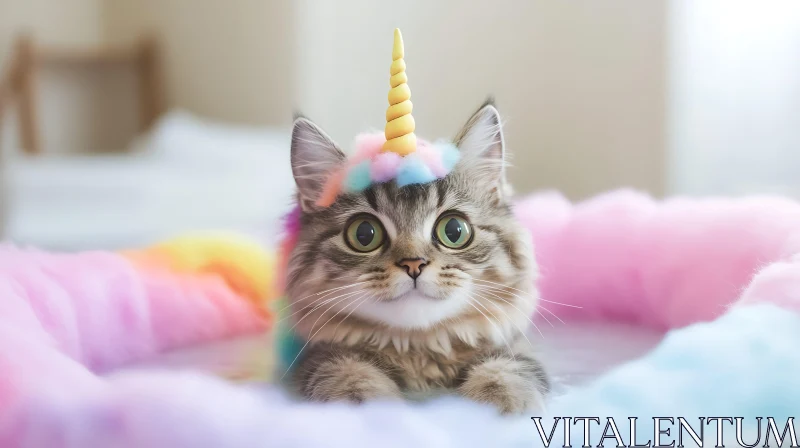 Whimsical Fantasy Cat with Unicorn Horn AI Image