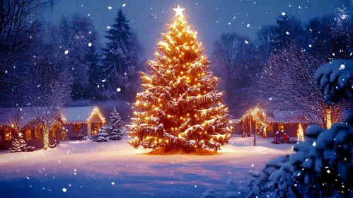 Festive Winter Scene with Illuminated Christmas Tree