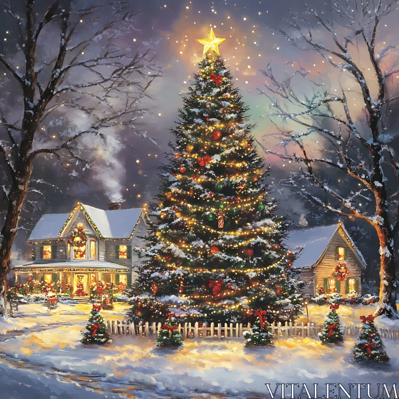 Decorated Christmas Tree in Snow with Festive Homes AI Image