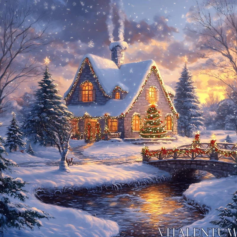 Festive Winter Cottage Scene AI Image