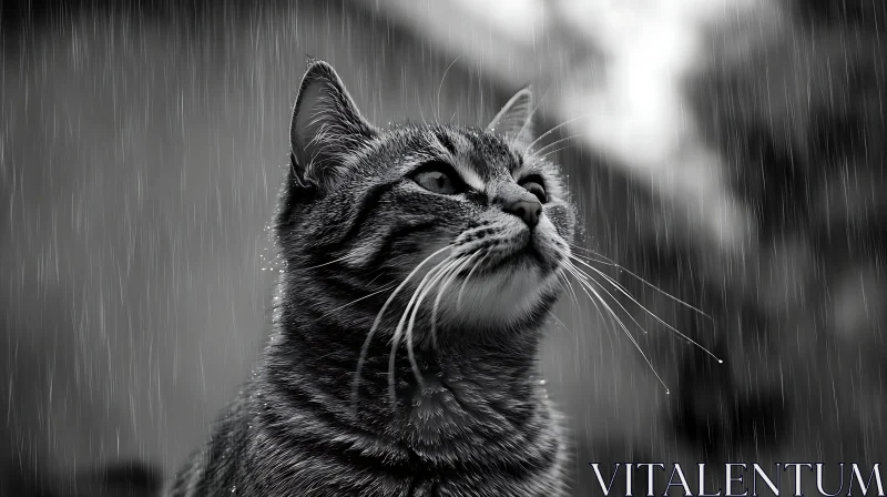 Cat Facing Rain in Black and White AI Image