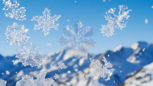 Elegant Snowflakes Over Majestic Snowy Mountains