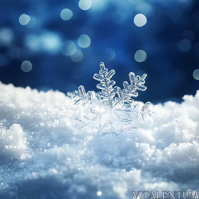 Close-Up of a Crystal Snowflake on Snow AI Image