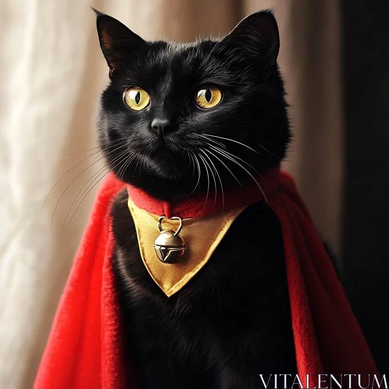 AI ART Heroic Black Cat Adorned in Red and Gold Costume