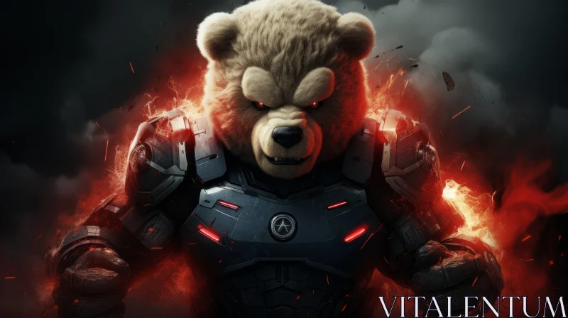 Armored Teddy Bear in Fiery Sci-Fi Scene AI Image