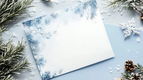 Winter Holiday Card with Snowy Pine Motifs