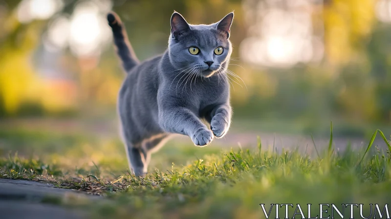 Playful Grey Cat in Motion Outdoors AI Image