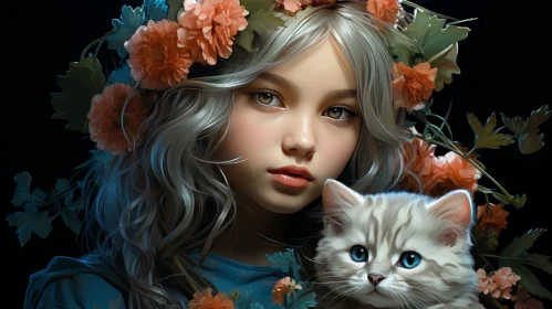Beautiful Young Girl Portrait with Flowers and Cat