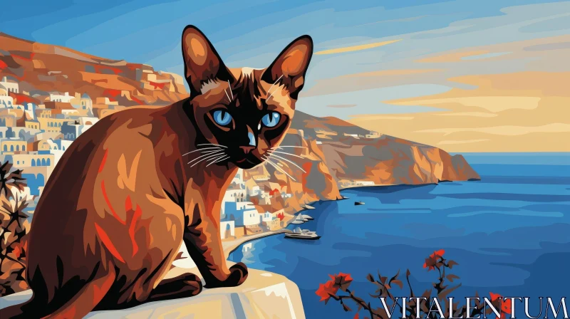 Cartoon Cat in Santorini, Greece by the Sea AI Image