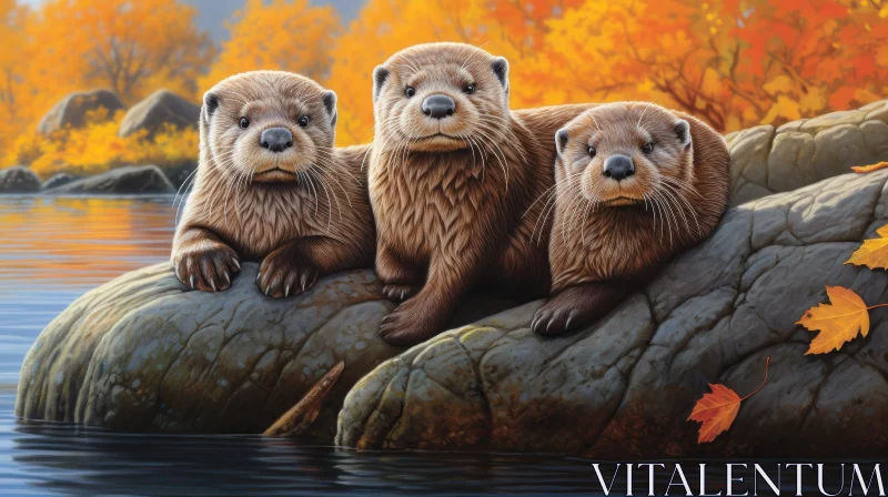 Curious Otters on Rock in River Forest Scene AI Image