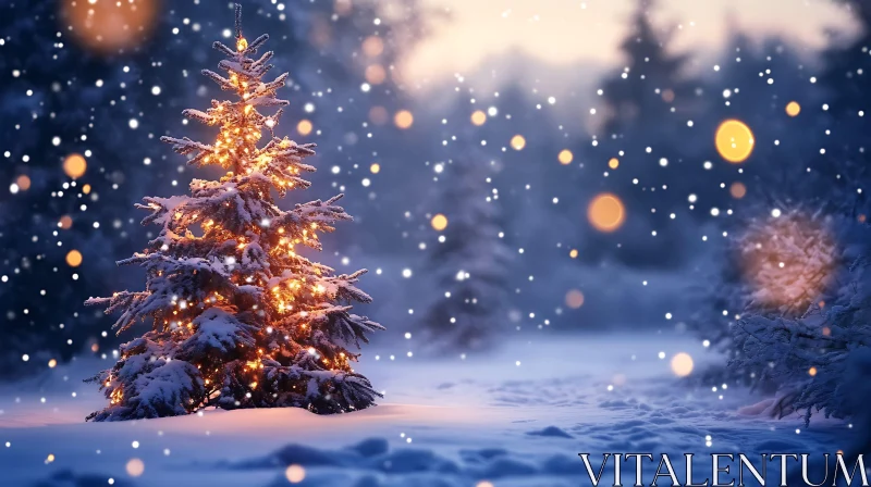 Festive Christmas Tree in Winter Forest AI Image