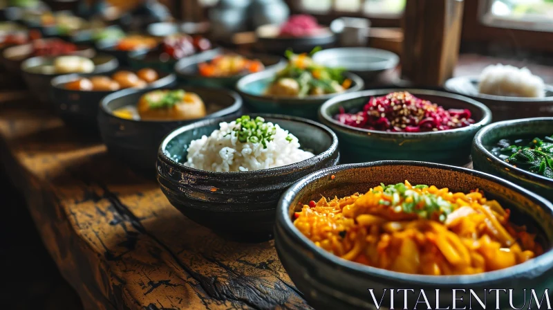 Delicious Korean Side Dishes on a Wooden Table AI Image
