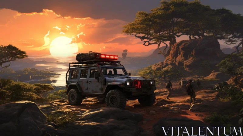 Deserted Rocky Area with Jeep and Trees | Spatial Concept Art AI Image
