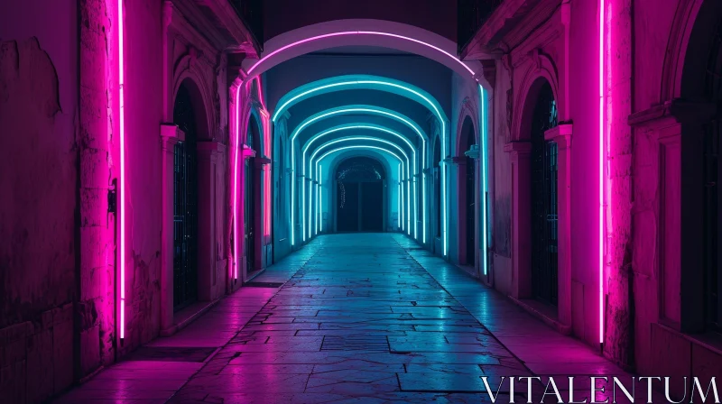 Enigmatic Alleyway: Neon Lights Illuminate Cobblestone Street AI Image