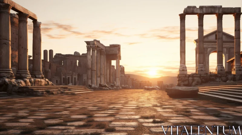 Ethereal Remnants: Ancient City Ruins at Sunset AI Image