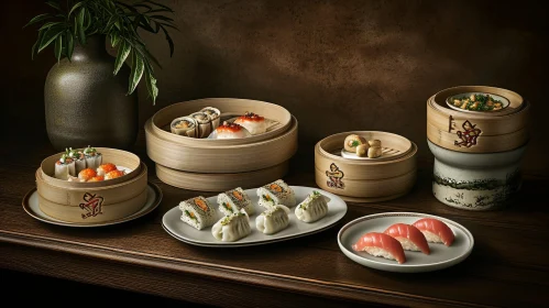 Exquisite Food Still Life: Dim Sum and Sushi Delights