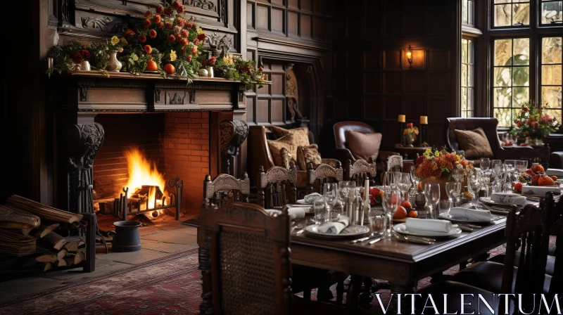 Extravagant Medieval-Inspired Wooden Fireplace in Dining Room AI Image