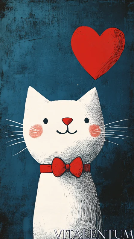 Adorable Blushing Cat with Heart and Red Bowtie AI Image