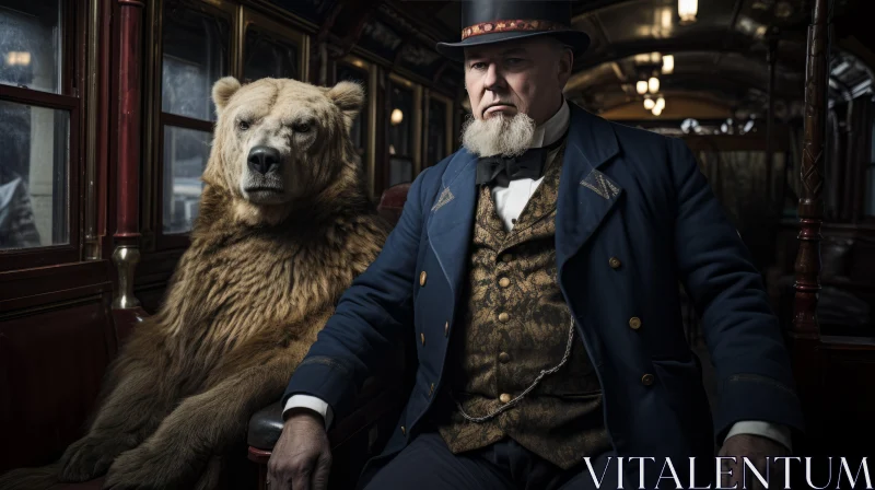 Man in Plaid Hat with Bear on Train - A Historical Drama AI Image
