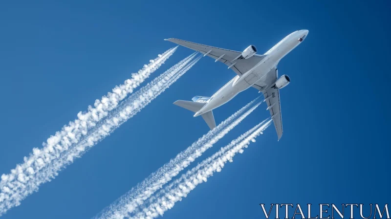 White Passenger Plane Flying High in Blue Sky AI Image