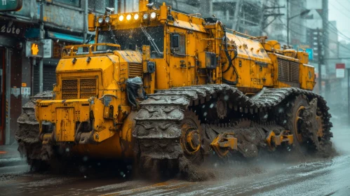 Yellow Bulldozer Driving Through Snowy Street | Industrial Futurism