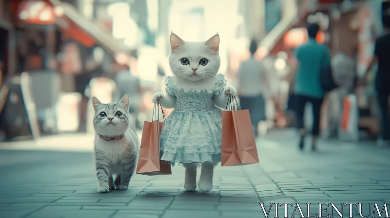 Charming Felines Stroll with Shopping Bags AI Image