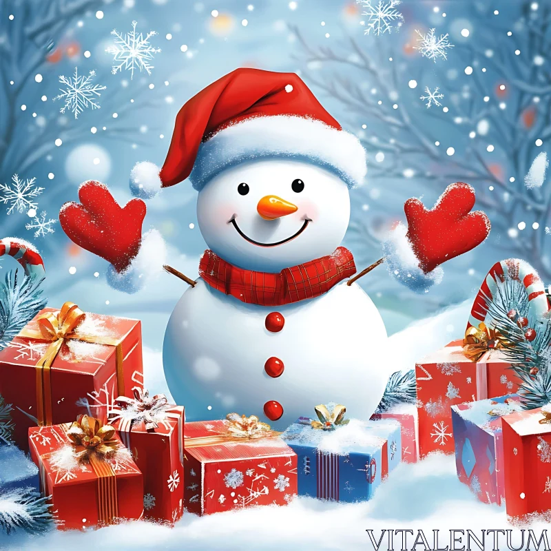 Cheerful Snowman Amidst Holiday Gifts AI Image