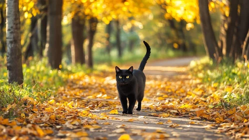 Autumn Stroll of a Black Cat