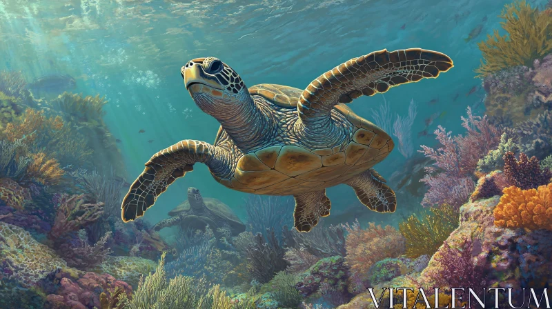 AI ART Majestic Sea Turtle in an Underwater Coral Paradise