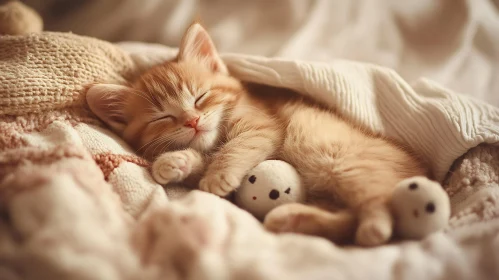 Cute Orange Kitten Asleep with Plush Toys