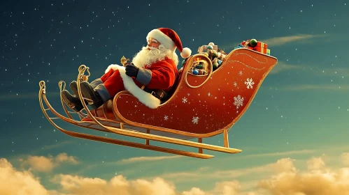 Santa Claus in a Gift-Filled Sleigh Under Starry Sky