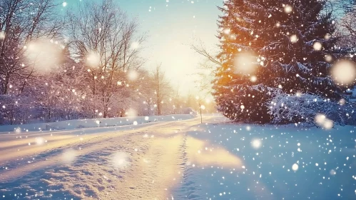 Tranquil Winter Landscape with Falling Snow