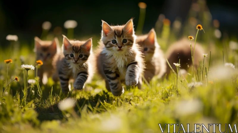 Adorable Kittens Running in Field of Flowers AI Image