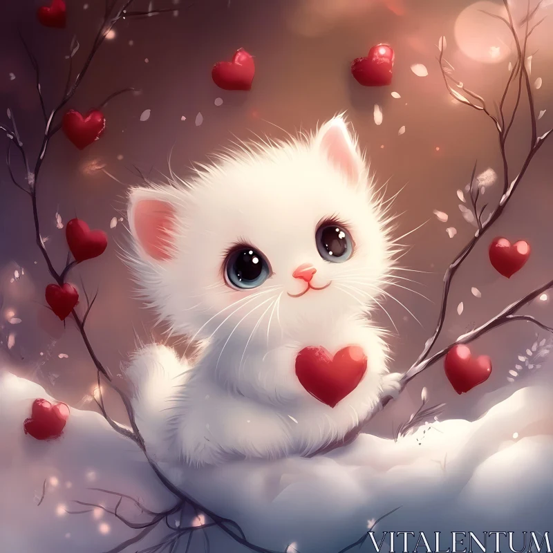 Cute Kitten Embracing Love in Snow AI Image