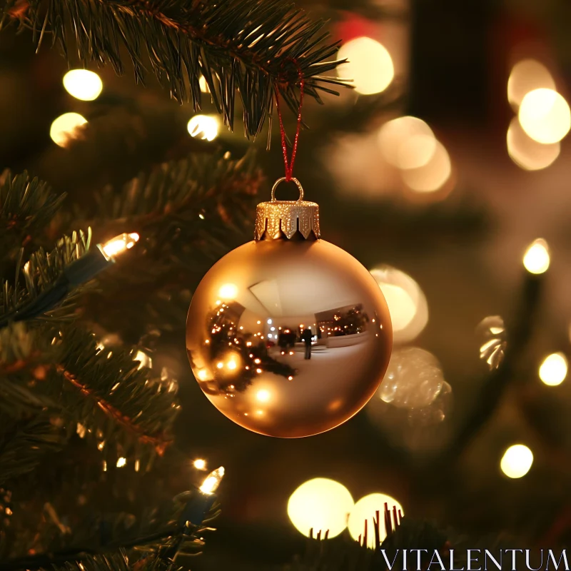 Gold Christmas Ornament and Pine Tree AI Image