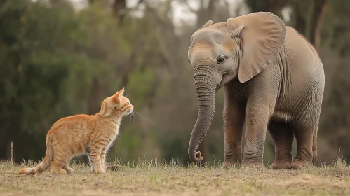 Heartwarming Encounter of Elephant and Cat in Field