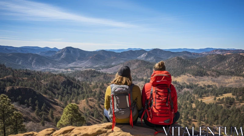 Breathtaking Mountain View: Two Backpackers in Red and Gray Forestpunk Style AI Image