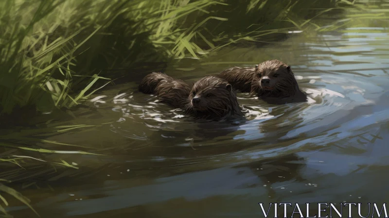 AI ART Brown Otters Swimming in River