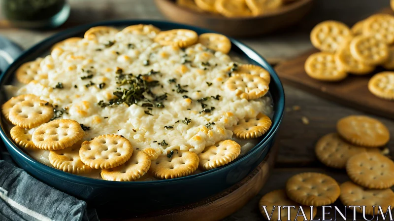 Close-up of Creamy Cheese Dip with Crumbled Crackers and Fresh Herbs on Wooden Table AI Image