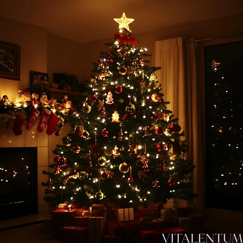 Festive Christmas Tree with Ornaments and Lights AI Image