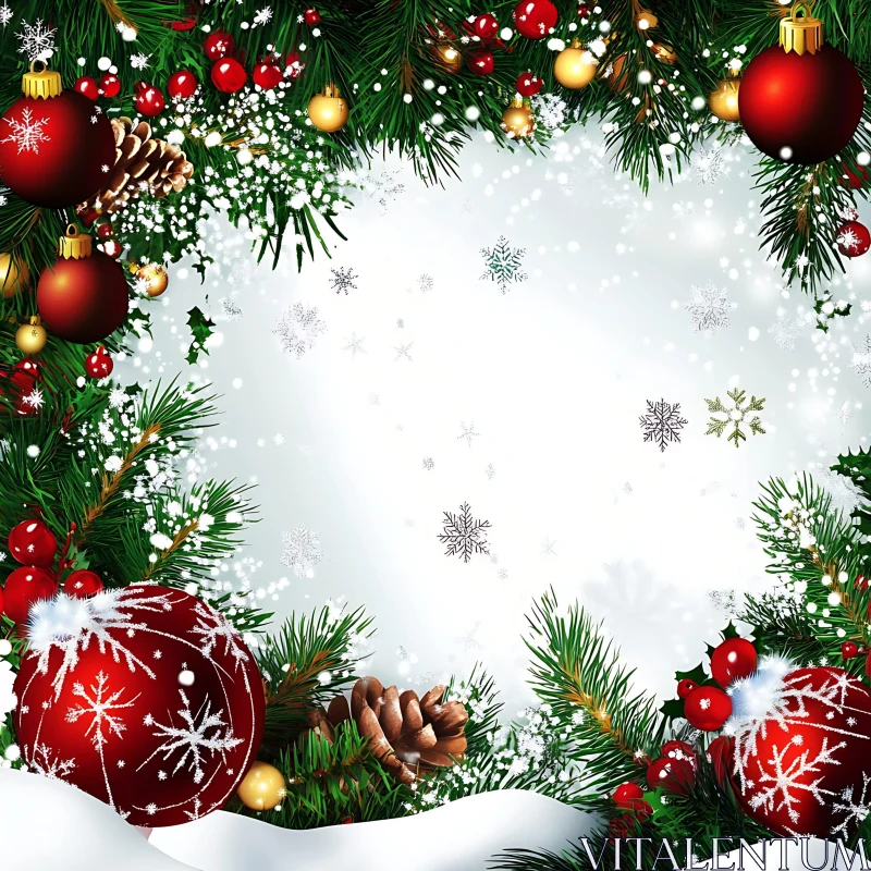 Holiday Christmas Border with Red Ornaments and Snowflakes AI Image