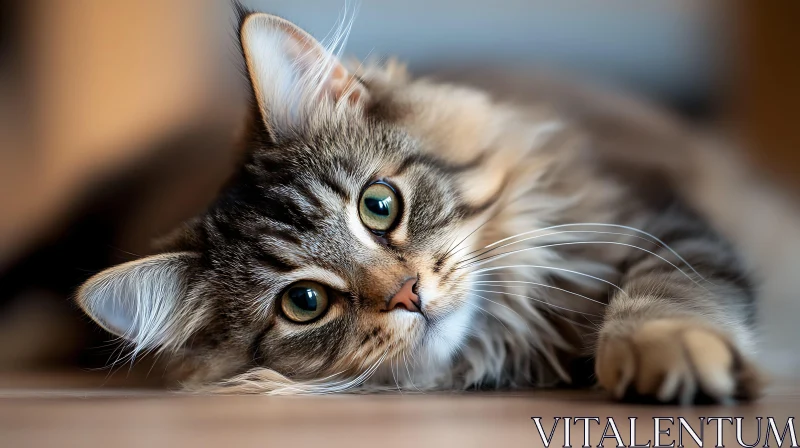 Detailed Portrait of a Fluffy Cat Lying Down AI Image