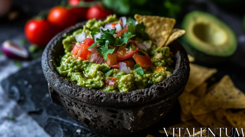 Delicious Bowl of Guacamole with Tortilla Chips on a Dark Background AI Image