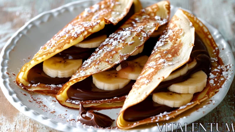 Delicious Chocolate and Banana Crepes on a Wooden Table AI Image