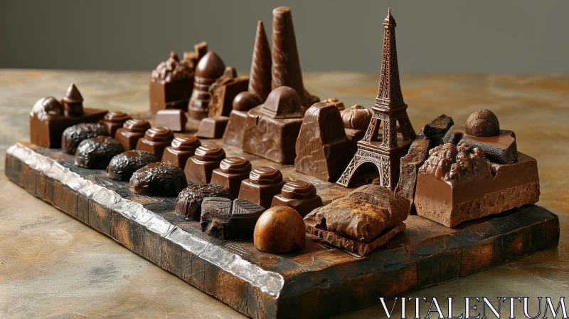Delicious Chocolate Buildings on a Wooden Table - Close-Up Photo AI Image