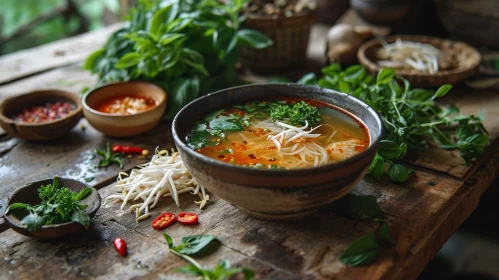 Delicious Vietnamese Pho Soup on a Wooden Table