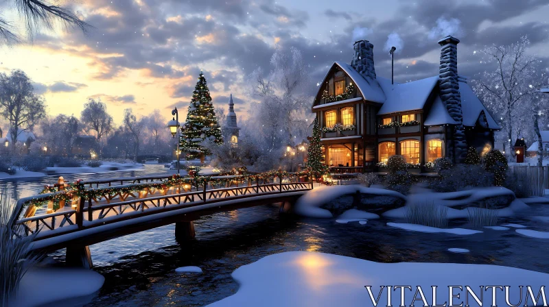 Winter Cottage with Festive Lights and Snow AI Image