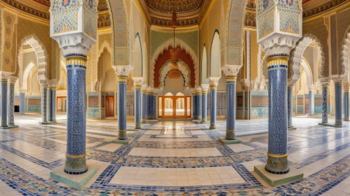 Elegant Hallway with Tiled Floor and Blue Columns
