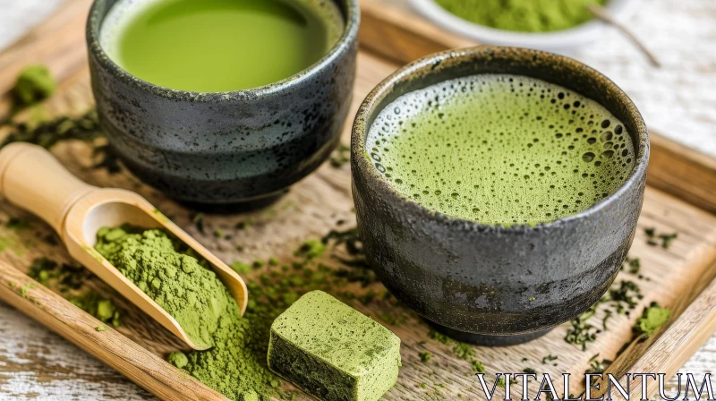 AI ART Exquisite Matcha Green Tea Cups on Wooden Table